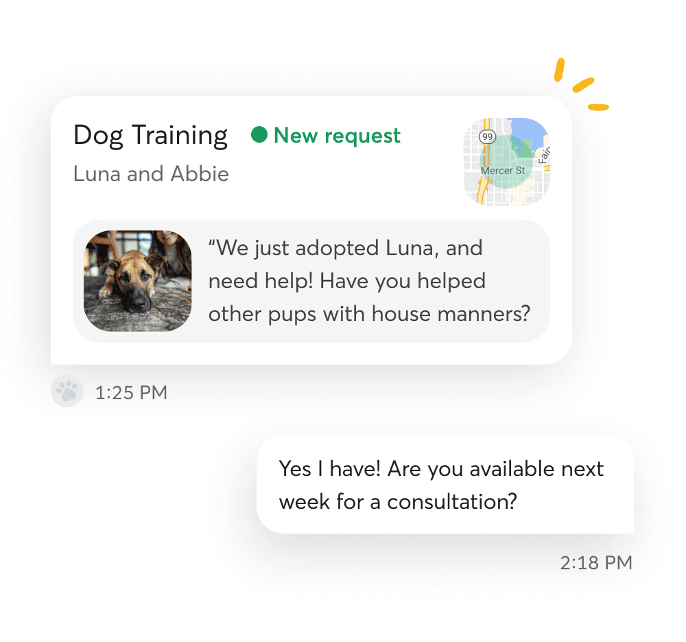 The start of a chat between a pet parent and a trainer